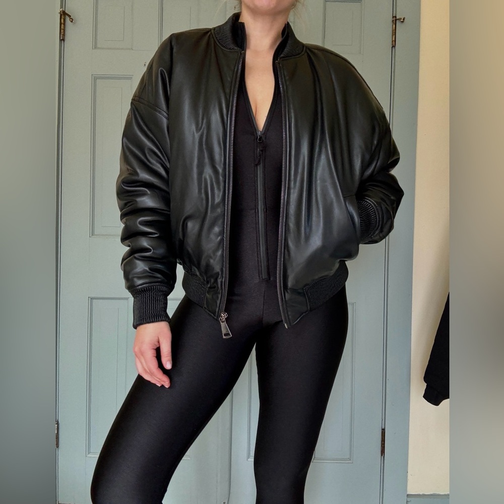 Good American Black Faux Vegan Leather Bomber Jacket L/XL